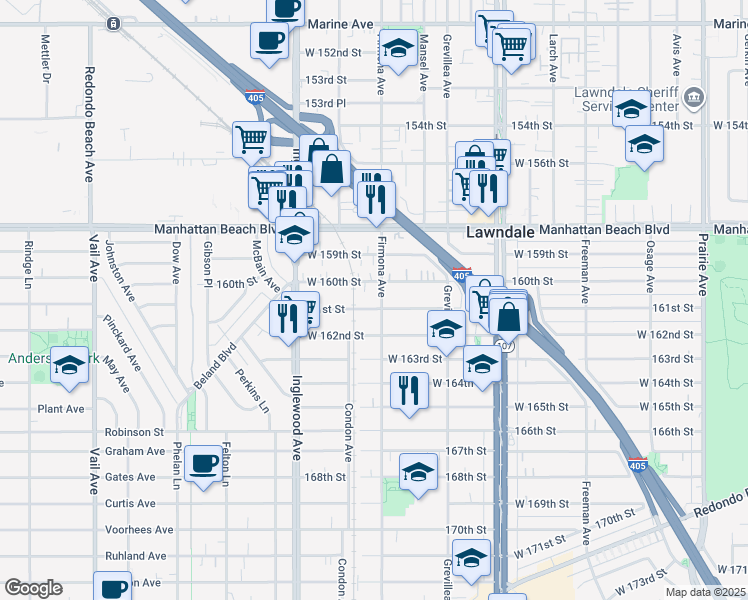 map of restaurants, bars, coffee shops, grocery stores, and more near 16012 Firmona Avenue in Lawndale