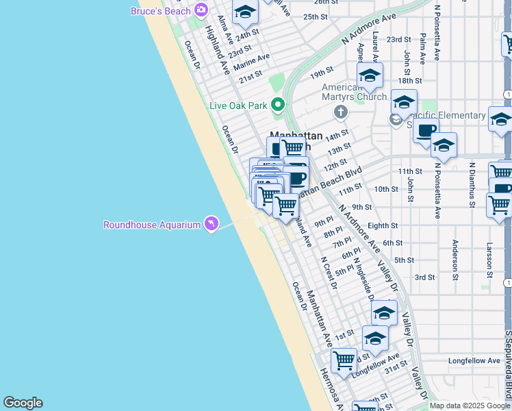 map of restaurants, bars, coffee shops, grocery stores, and more near 128 Manhattan Beach Boulevard in Manhattan Beach