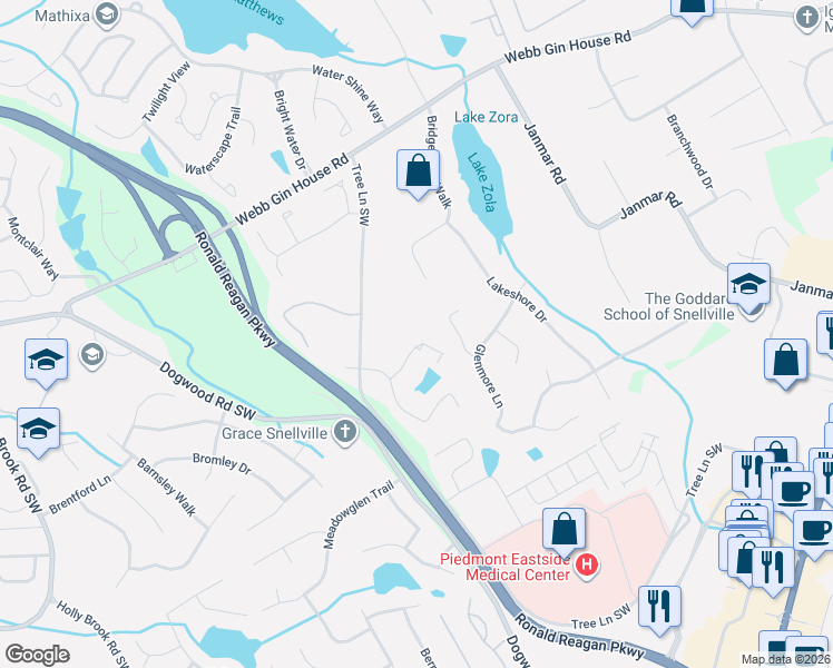 map of restaurants, bars, coffee shops, grocery stores, and more near 2265 Woodland Lake Walk Southwest in Snellville