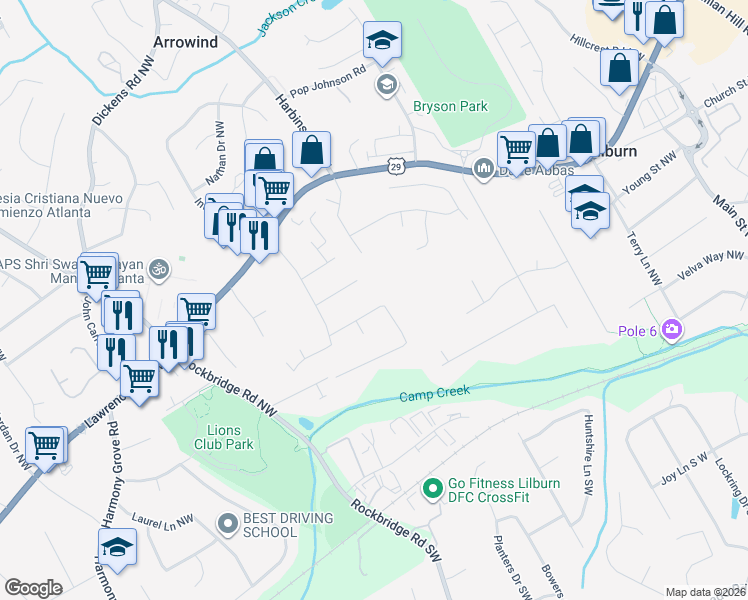 map of restaurants, bars, coffee shops, grocery stores, and more near 5255 Cobblestone Way Northwest in Lilburn