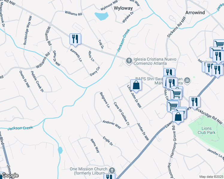 map of restaurants, bars, coffee shops, grocery stores, and more near 554 Cana Of Galilee Court in Tucker