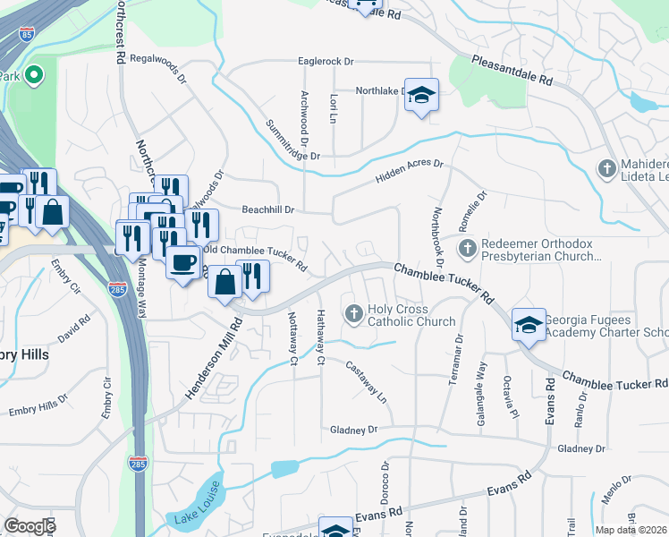 map of restaurants, bars, coffee shops, grocery stores, and more near 3630 Henley Park Court in Atlanta