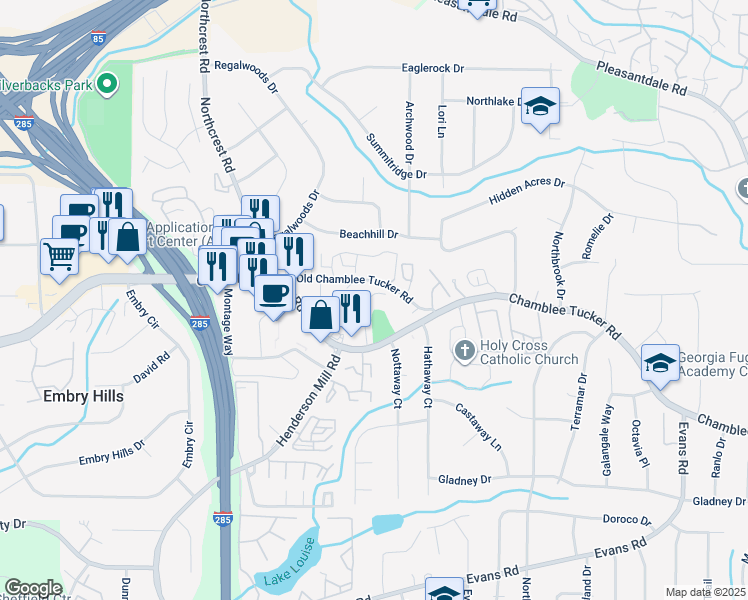 map of restaurants, bars, coffee shops, grocery stores, and more near 3557 Old Chamblee Tucker Road in Doraville