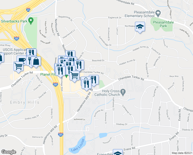 map of restaurants, bars, coffee shops, grocery stores, and more near 3543 Old Chamblee Tucker Road in Doraville