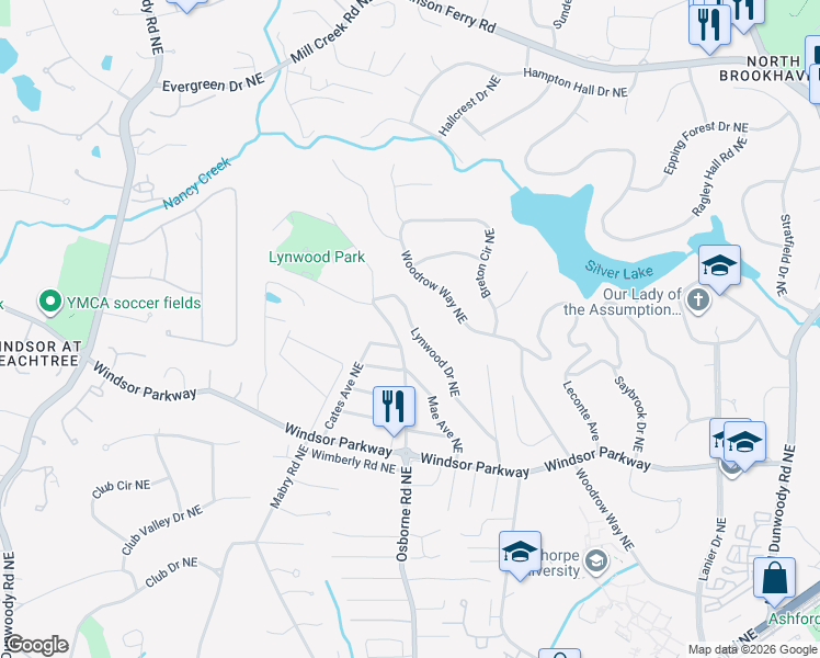 map of restaurants, bars, coffee shops, grocery stores, and more near 3257 Lynwood Drive Northeast in Atlanta