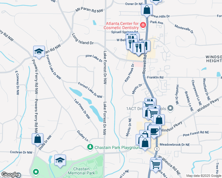 map of restaurants, bars, coffee shops, grocery stores, and more near 4757 Lake Forrest Drive Northwest in Atlanta