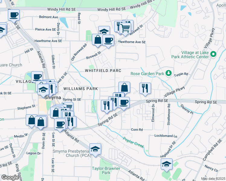map of restaurants, bars, coffee shops, grocery stores, and more near 2792 Mathews Street in Smyrna