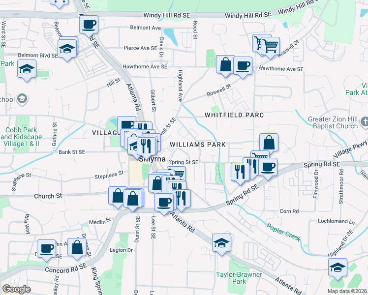 map of restaurants, bars, coffee shops, grocery stores, and more near 2792 Morris Circle in Smyrna