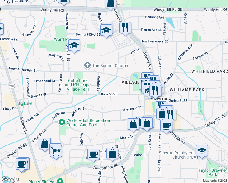 map of restaurants, bars, coffee shops, grocery stores, and more near 1127 Bank Street Southeast in Smyrna