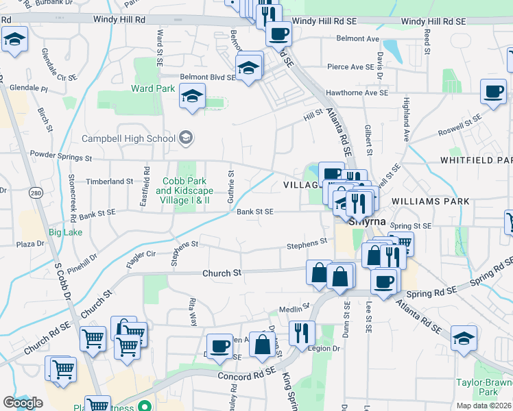 map of restaurants, bars, coffee shops, grocery stores, and more near 1079 Bank Street Southeast in Smyrna