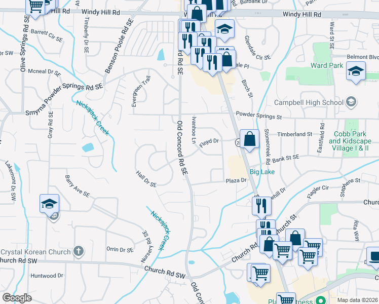 map of restaurants, bars, coffee shops, grocery stores, and more near 491 Floyd Drive in Smyrna