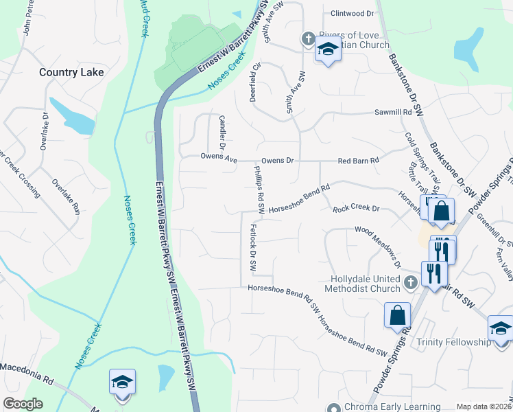 map of restaurants, bars, coffee shops, grocery stores, and more near 2810 Phillips Road Southwest in Marietta