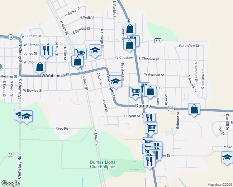 map of restaurants, bars, coffee shops, grocery stores, and more near 315 South College Street in Dumas