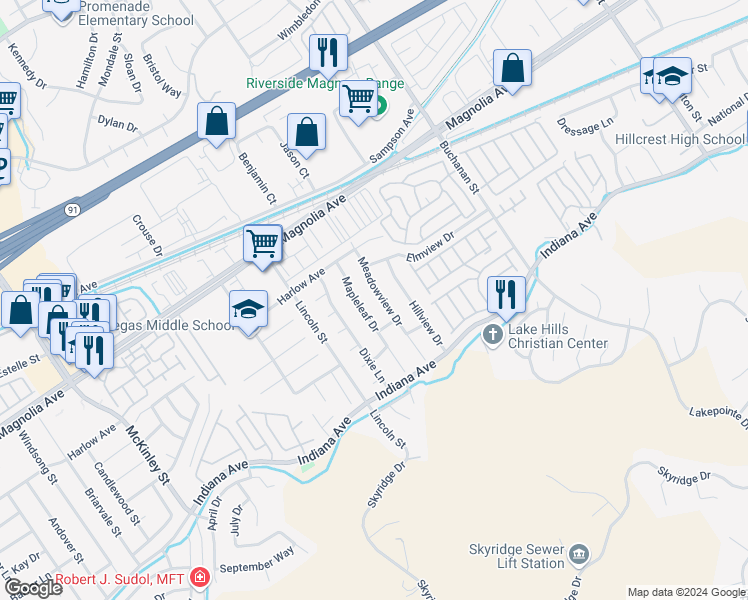 map of restaurants, bars, coffee shops, grocery stores, and more near 3596 Meadowview Drive in Riverside