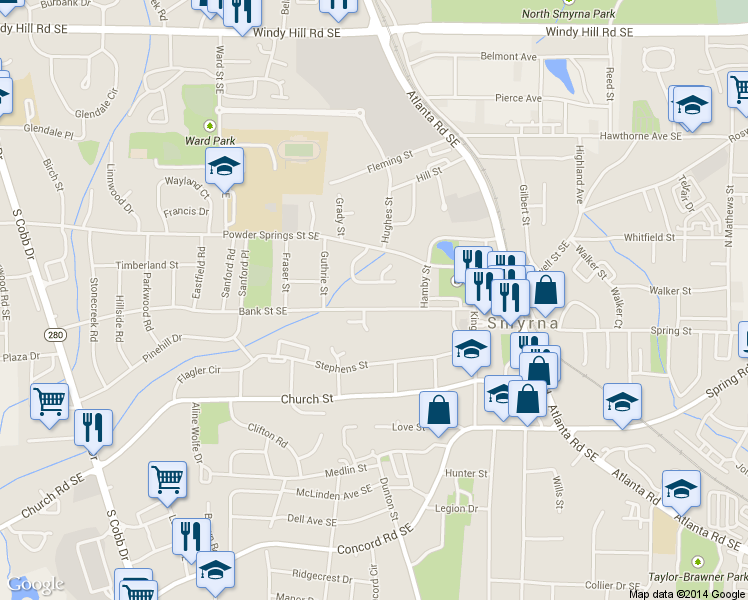 map of restaurants, bars, coffee shops, grocery stores, and more near 1127 Bank Street Southeast in Smyrna