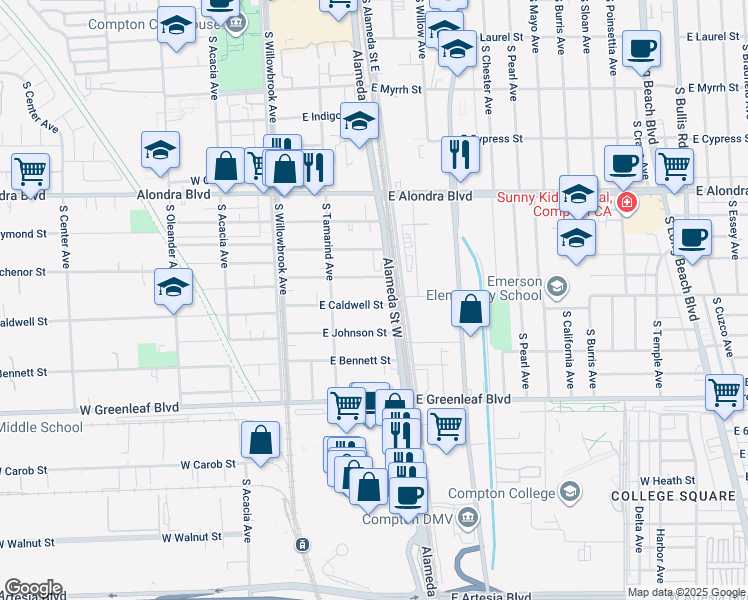 map of restaurants, bars, coffee shops, grocery stores, and more near 241 East Caldwell Street in Compton