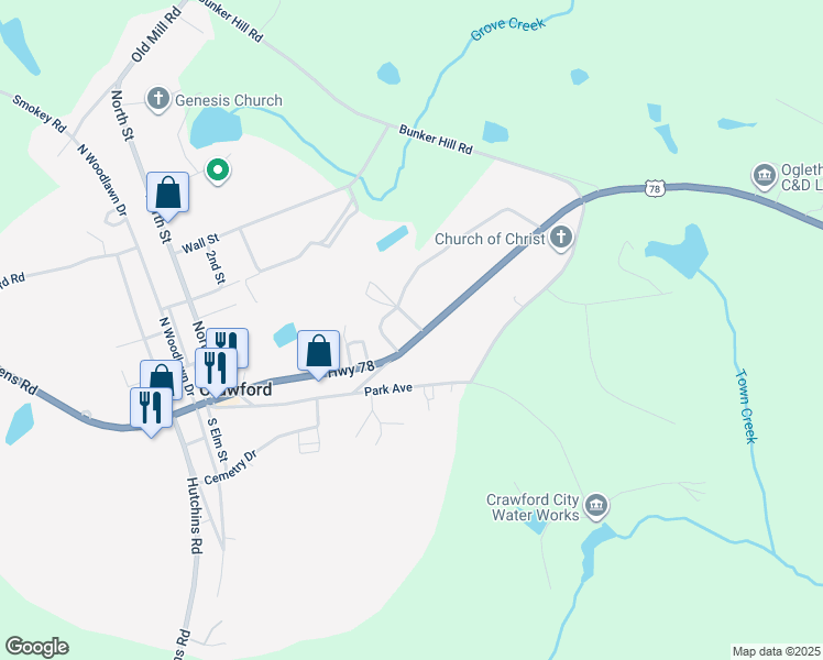 map of restaurants, bars, coffee shops, grocery stores, and more near 1056 Athens Road in Crawford