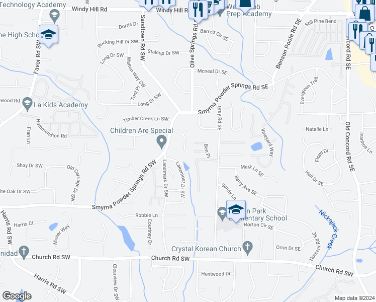 map of restaurants, bars, coffee shops, grocery stores, and more near 2745 Trellis Oaks Drive Southwest in Marietta