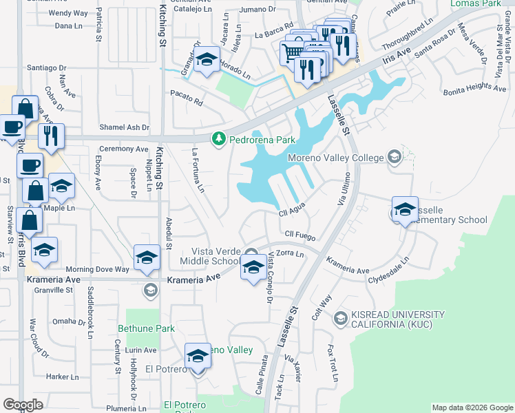 map of restaurants, bars, coffee shops, grocery stores, and more near 25840 Calle Agua in Moreno Valley