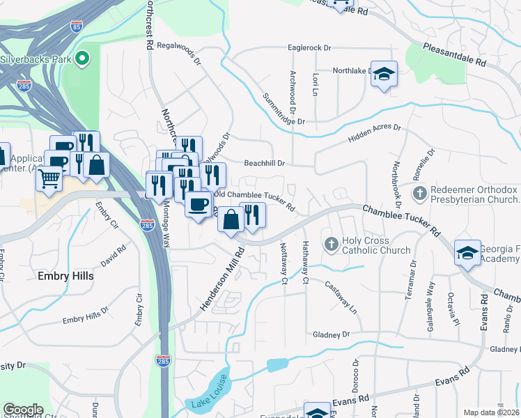 map of restaurants, bars, coffee shops, grocery stores, and more near 3543 Old Chamblee Tucker Road in Doraville