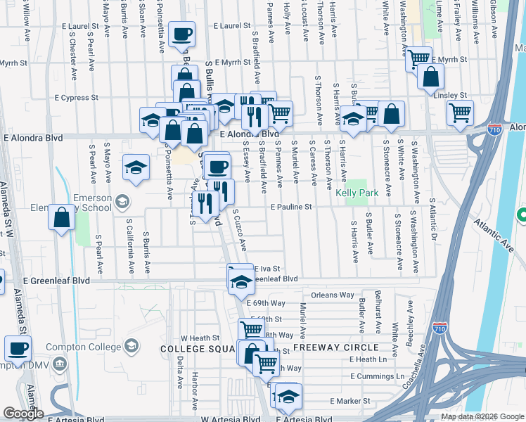 map of restaurants, bars, coffee shops, grocery stores, and more near 3750 East Pauline Street in Compton