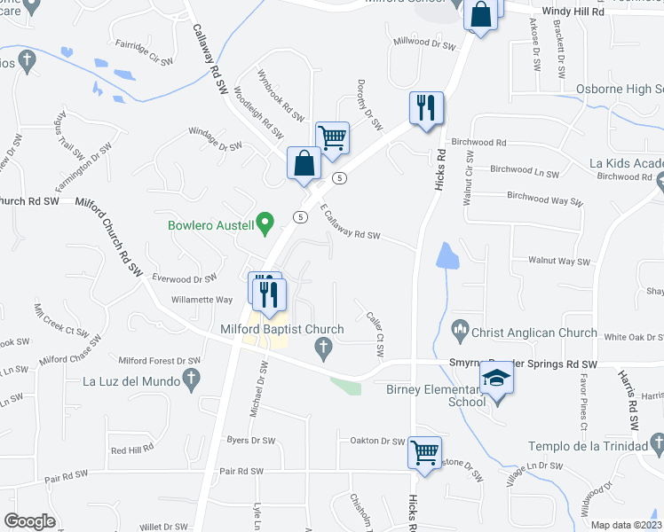 map of restaurants, bars, coffee shops, grocery stores, and more near 2821 Crest Ridge Way Southwest in Marietta