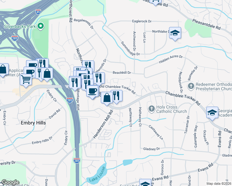 map of restaurants, bars, coffee shops, grocery stores, and more near 3543 Old Chamblee Tucker Road in Doraville
