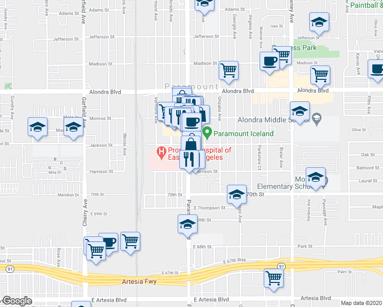 map of restaurants, bars, coffee shops, grocery stores, and more near 16444 Paramount Boulevard in Paramount