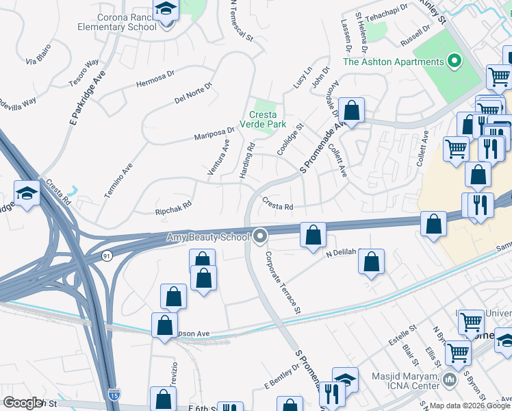 map of restaurants, bars, coffee shops, grocery stores, and more near 384 Colfax Circle in Corona