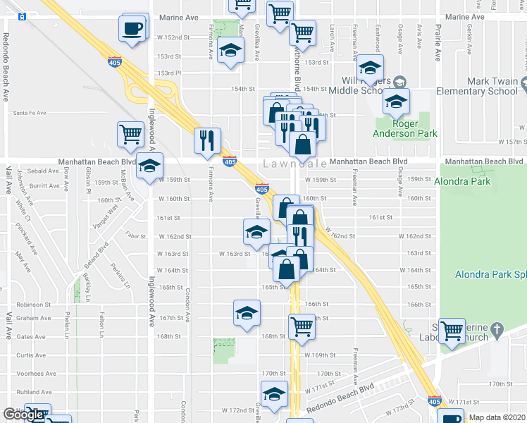 map of restaurants, bars, coffee shops, grocery stores, and more near 4451 161st Street in Lawndale
