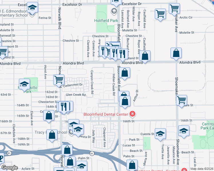 map of restaurants, bars, coffee shops, grocery stores, and more near 12512 Sandycreek Lane in Cerritos