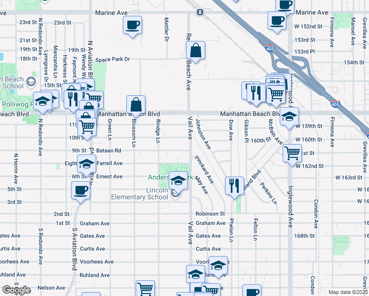 map of restaurants, bars, coffee shops, grocery stores, and more near 2227 Bataan Road in Redondo Beach