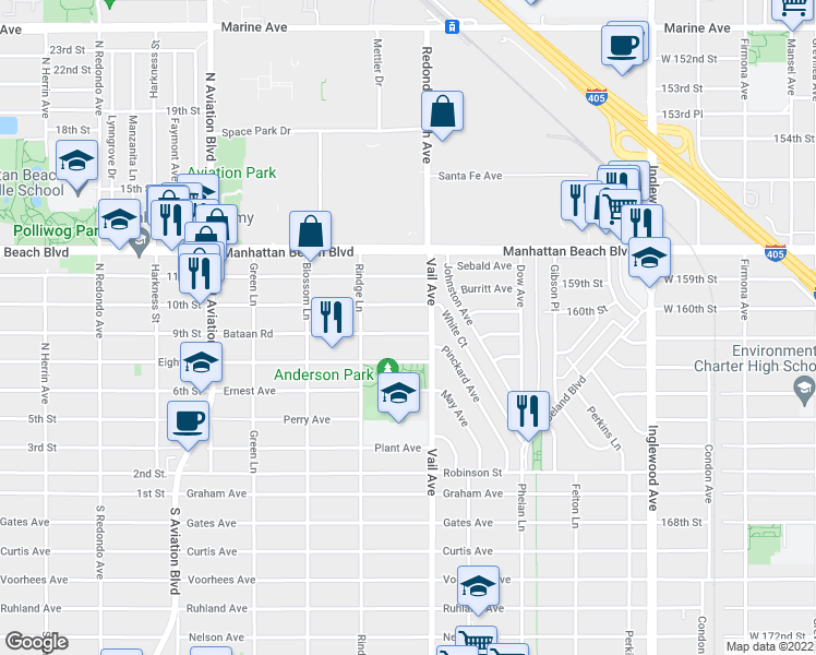 map of restaurants, bars, coffee shops, grocery stores, and more near 2221 Bataan Road in Redondo Beach