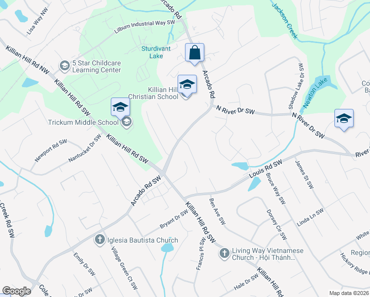 map of restaurants, bars, coffee shops, grocery stores, and more near 219 Hokes Place Southwest in Lilburn
