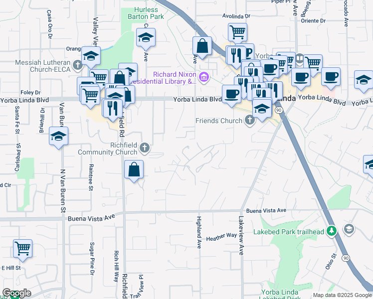 map of restaurants, bars, coffee shops, grocery stores, and more near 5231 Highland Avenue in Yorba Linda