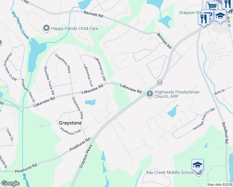 map of restaurants, bars, coffee shops, grocery stores, and more near 934 Lakeview Road in Grayson