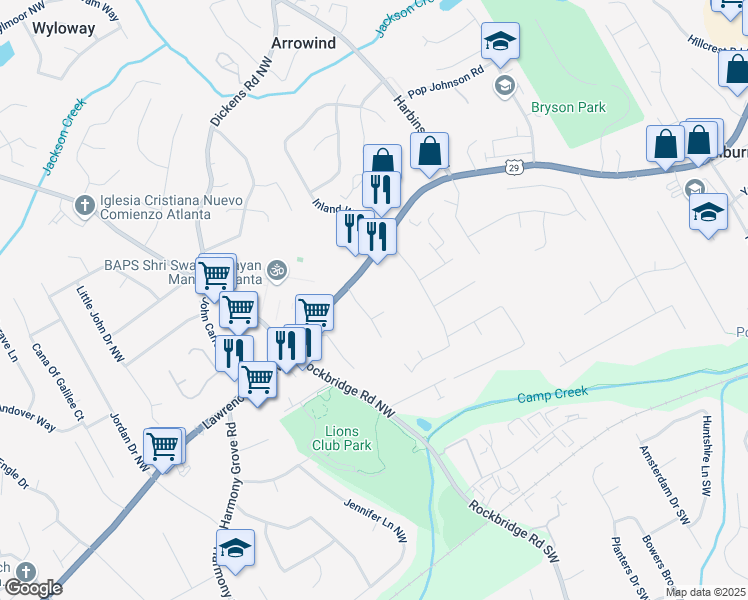 map of restaurants, bars, coffee shops, grocery stores, and more near 367 Bradley Woods Court Northwest in Lilburn
