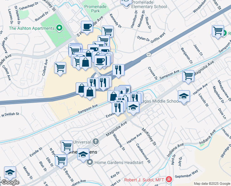 map of restaurants, bars, coffee shops, grocery stores, and more near 159 North McKinley Street in Corona