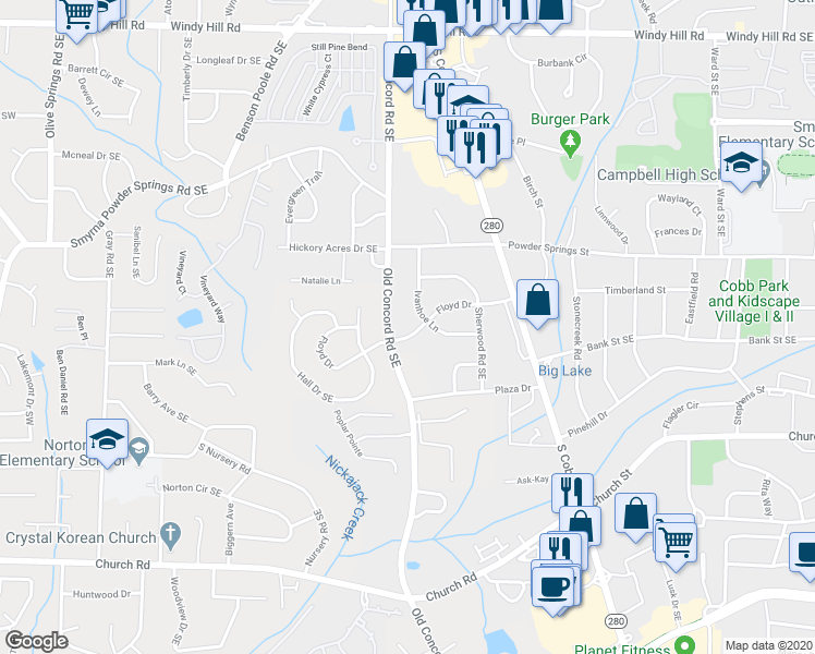map of restaurants, bars, coffee shops, grocery stores, and more near 491 Floyd Drive in Smyrna