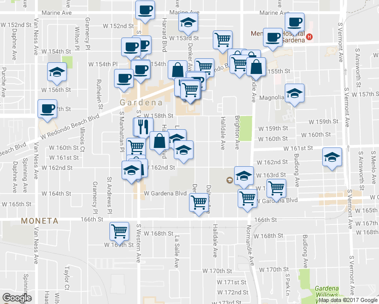 map of restaurants, bars, coffee shops, grocery stores, and more near 16021 Denker Avenue in Gardena