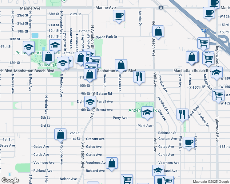 map of restaurants, bars, coffee shops, grocery stores, and more near 2019 Bataan Road in Redondo Beach