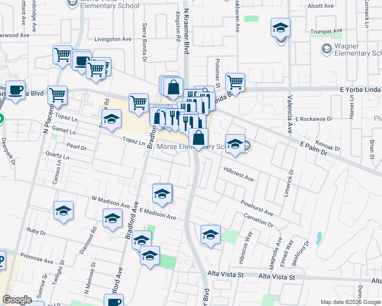 map of restaurants, bars, coffee shops, grocery stores, and more near 1293 North Kraemer Boulevard in Placentia