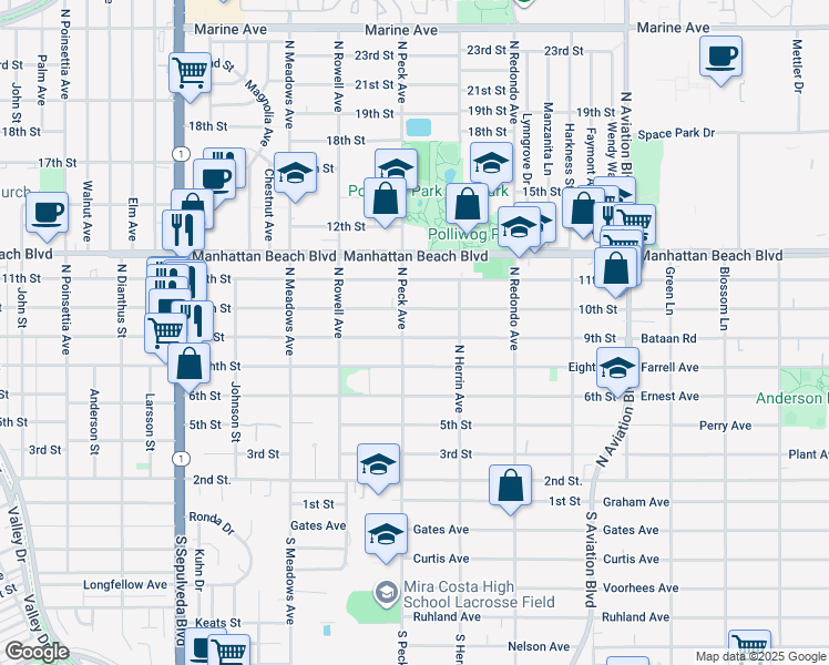 map of restaurants, bars, coffee shops, grocery stores, and more near 1511 9th Street in Manhattan Beach