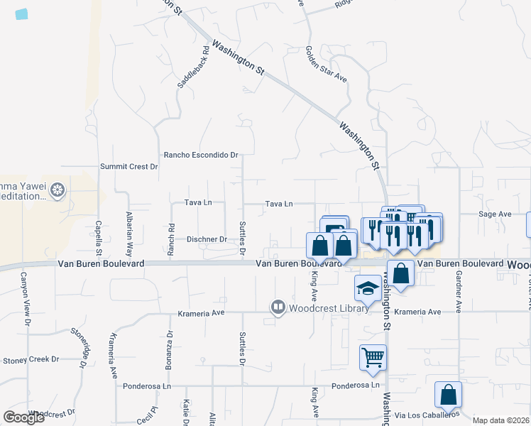 map of restaurants, bars, coffee shops, grocery stores, and more near 16563 Tava Lane in Riverside