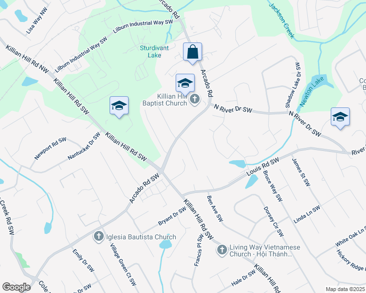 map of restaurants, bars, coffee shops, grocery stores, and more near 219 Hokes Place Southwest in Lilburn