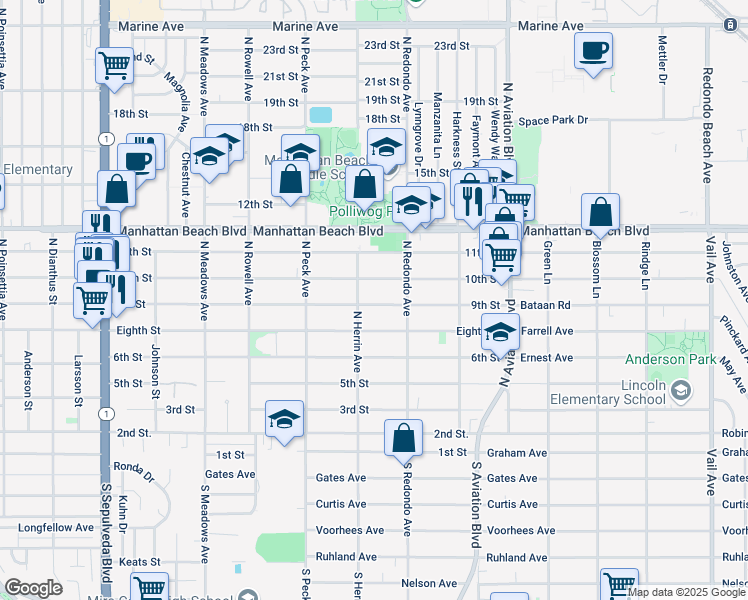 map of restaurants, bars, coffee shops, grocery stores, and more near 1619 9th Street in Manhattan Beach