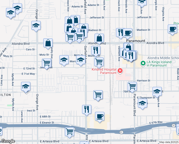 map of restaurants, bars, coffee shops, grocery stores, and more near in Paramount