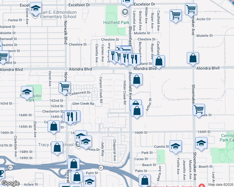 map of restaurants, bars, coffee shops, grocery stores, and more near 12512 Sandycreek Lane in Cerritos
