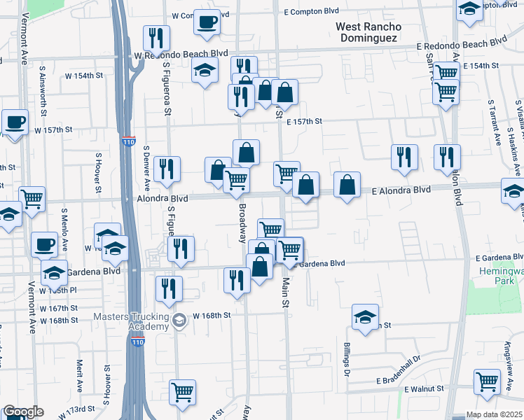 map of restaurants, bars, coffee shops, grocery stores, and more near 112 West Alondra Boulevard in Gardena