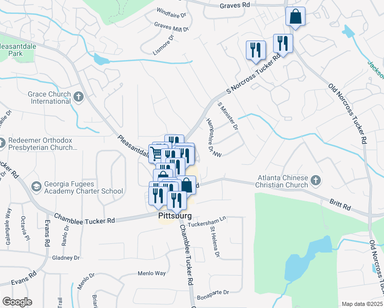 map of restaurants, bars, coffee shops, grocery stores, and more near 3281 Tucker Norcross Road in Tucker